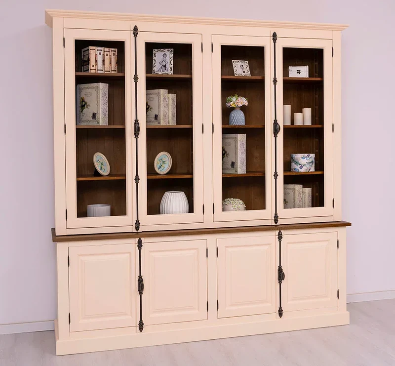 Großer Wohnzimmer Schrank aus Massivholz | Geschirrschrank | Vitrine | Bücherschrank 2-teilig mit externem Verschlusssystem