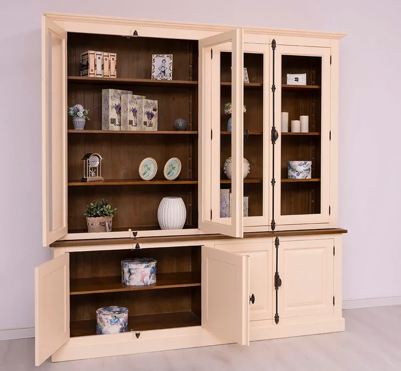 Großer Wohnzimmer Schrank aus Massivholz | Geschirrschrank | Vitrine | Bücherschrank 2-teilig mit externem Verschlusssystem