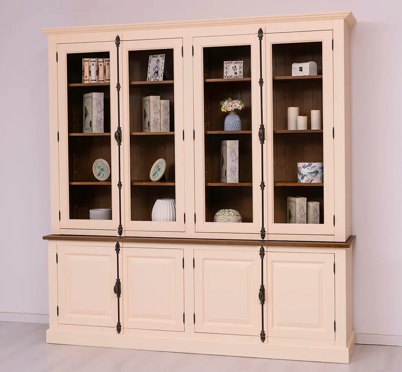 Großer Wohnzimmer Schrank aus Massivholz | Geschirrschrank | Vitrine | Bücherschrank 2-teilig mit externem Verschlusssystem