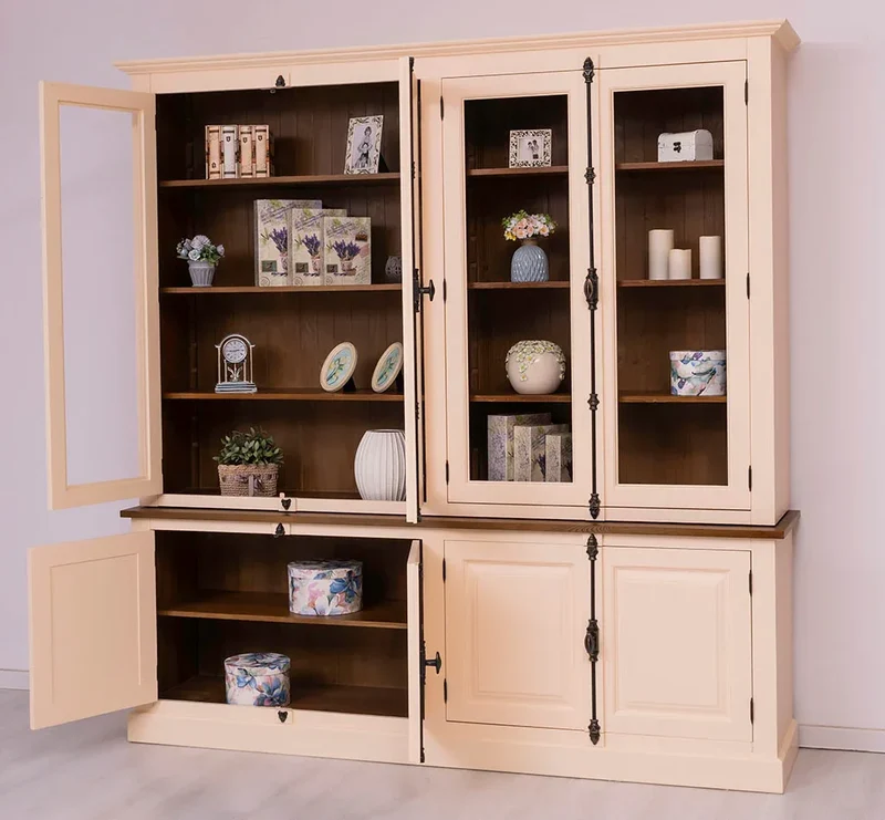 Großer Wohnzimmer Schrank aus Massivholz | Geschirrschrank | Vitrine | Bücherschrank 2-teilig mit externem Verschlusssystem