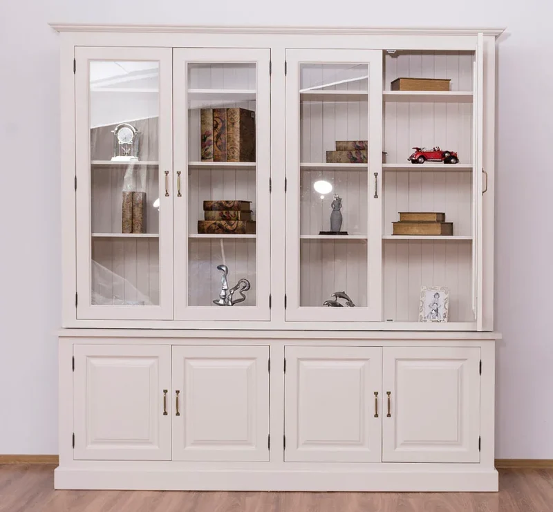 Großer Wohnzimmer Schrank aus Massivholz | Geschirrschrank | Vitrine | Bücherschrank 2-teilig mit externem Verschlusssystem