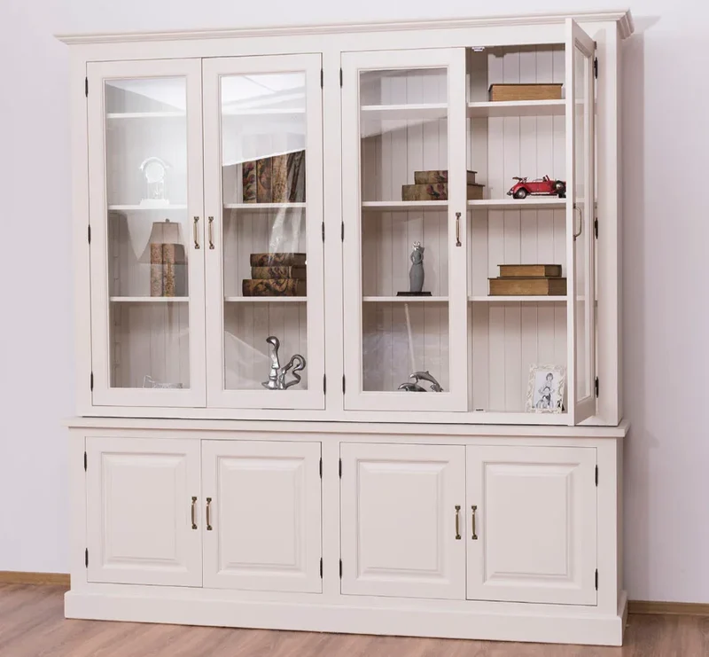 Großer Wohnzimmer Schrank aus Massivholz | Geschirrschrank | Vitrine | Bücherschrank 2-teilig mit externem Verschlusssystem