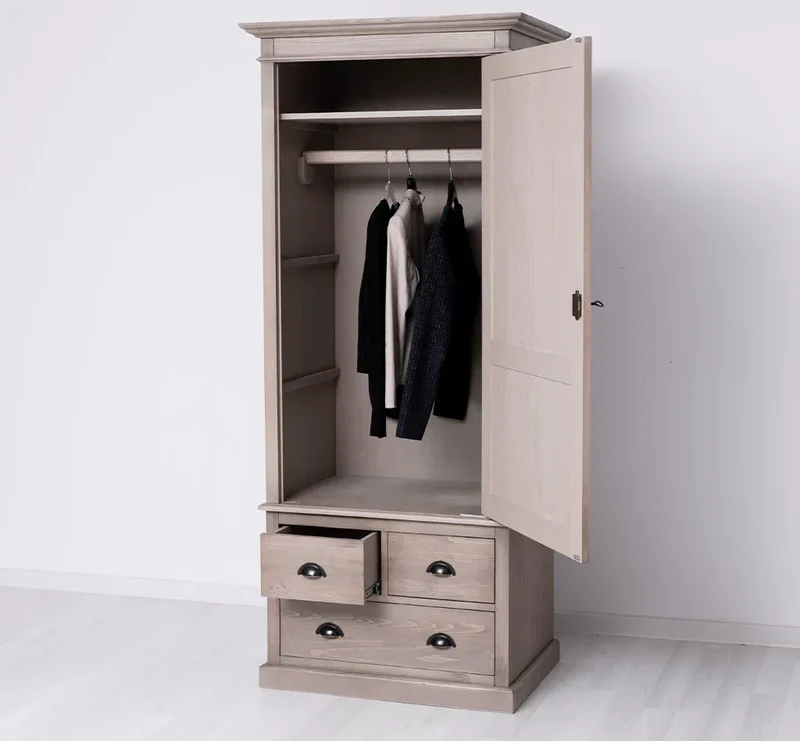 Schmaler Vintage Kleiderschrank aus Massivholz mit vier Schubladen