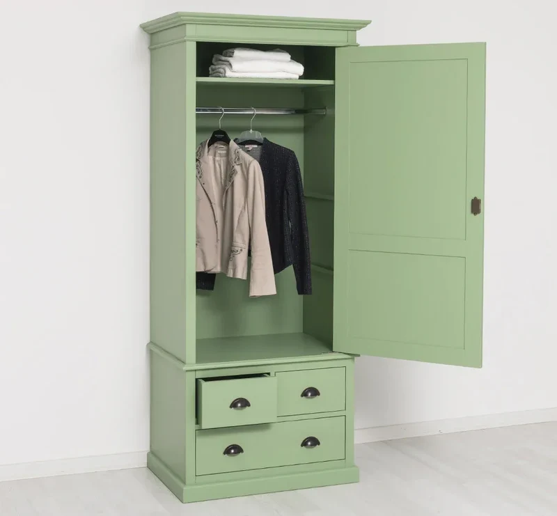 Schmaler Vintage Kleiderschrank aus Massivholz mit vier Schubladen