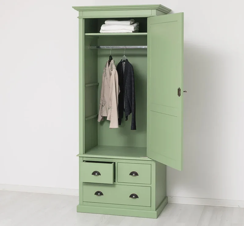 Schmaler Vintage Kleiderschrank aus Massivholz mit vier Schubladen