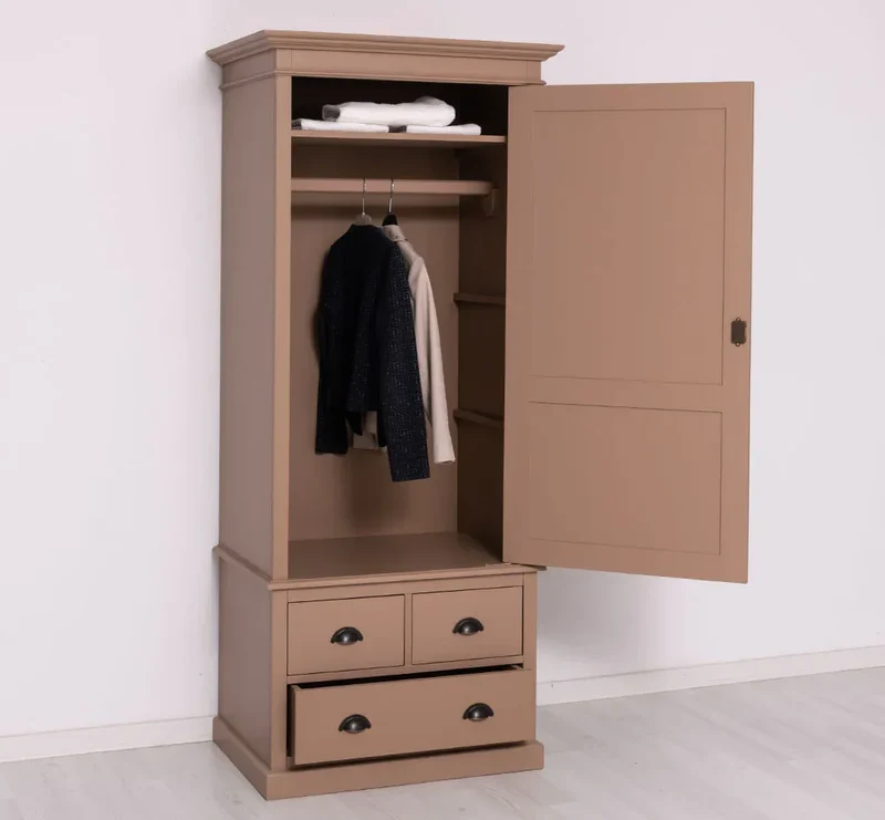 Schmaler Vintage Kleiderschrank aus Massivholz mit vier Schubladen