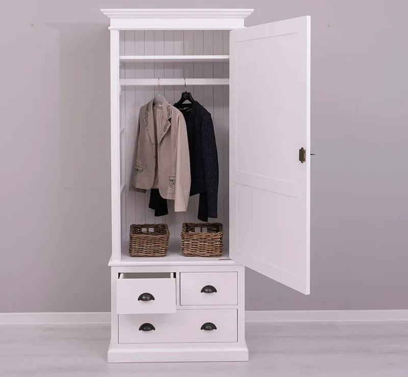 Schmaler Vintage Kleiderschrank aus Massivholz mit vier Schubladen