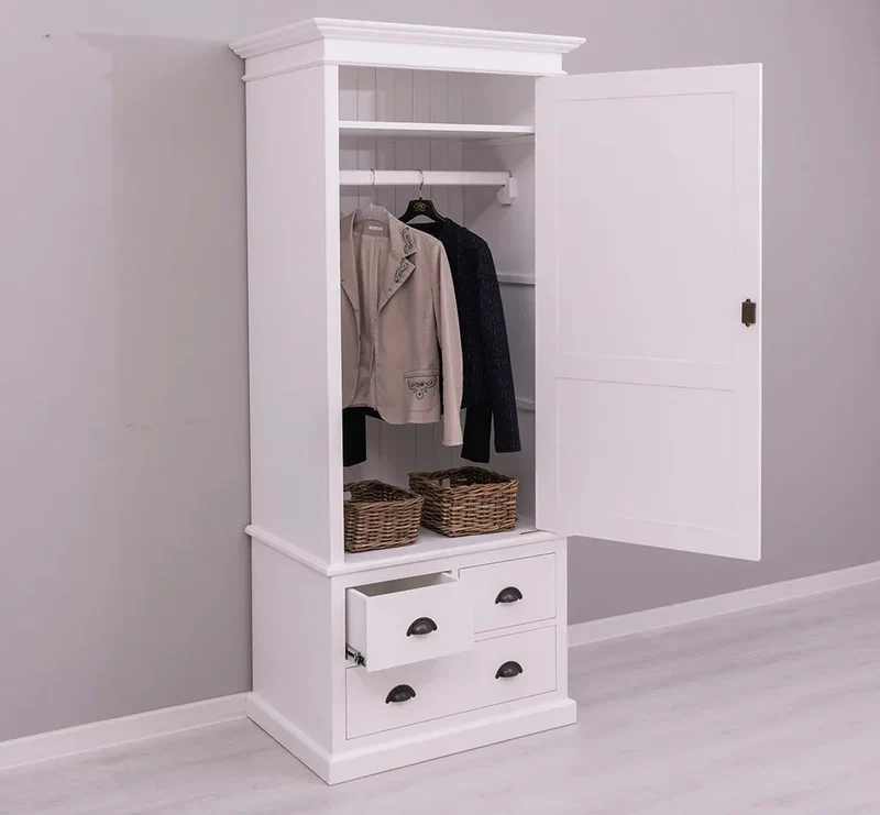 Schmaler Vintage Kleiderschrank aus Massivholz mit vier Schubladen