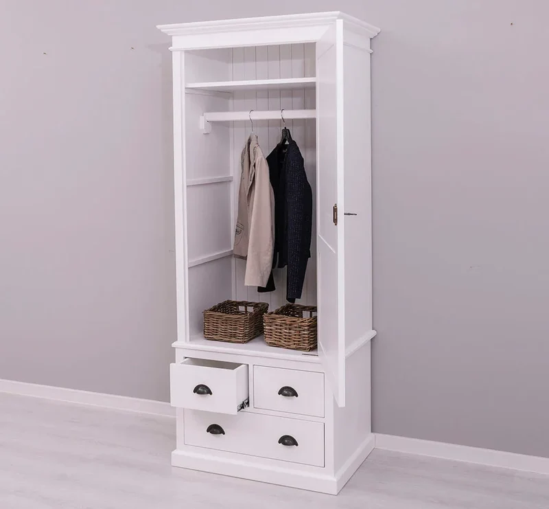 Schmaler Vintage Kleiderschrank aus Massivholz mit vier Schubladen
