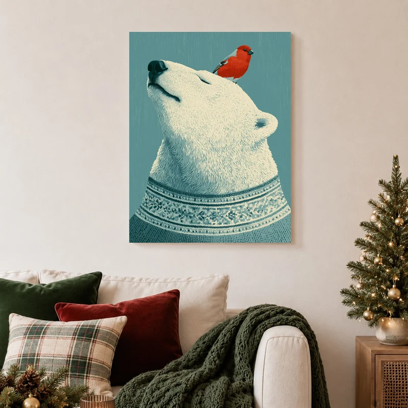 Eisbär mit rotem Vogel Leinwand