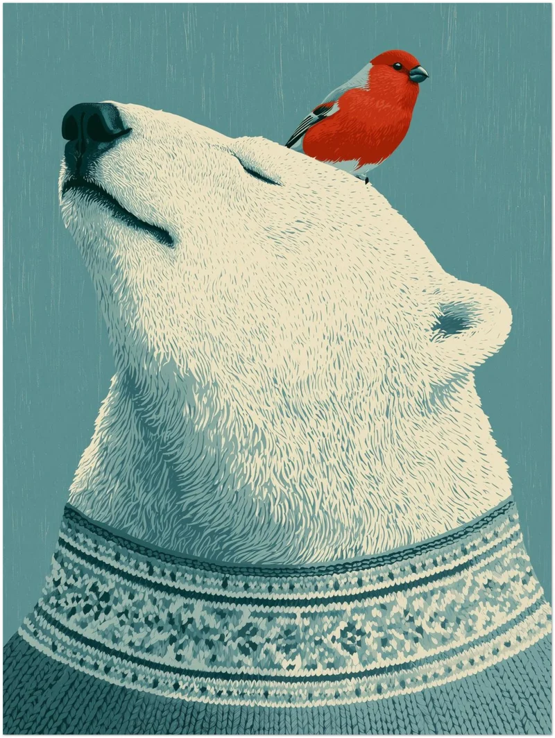Eisbär mit rotem Vogel Poster