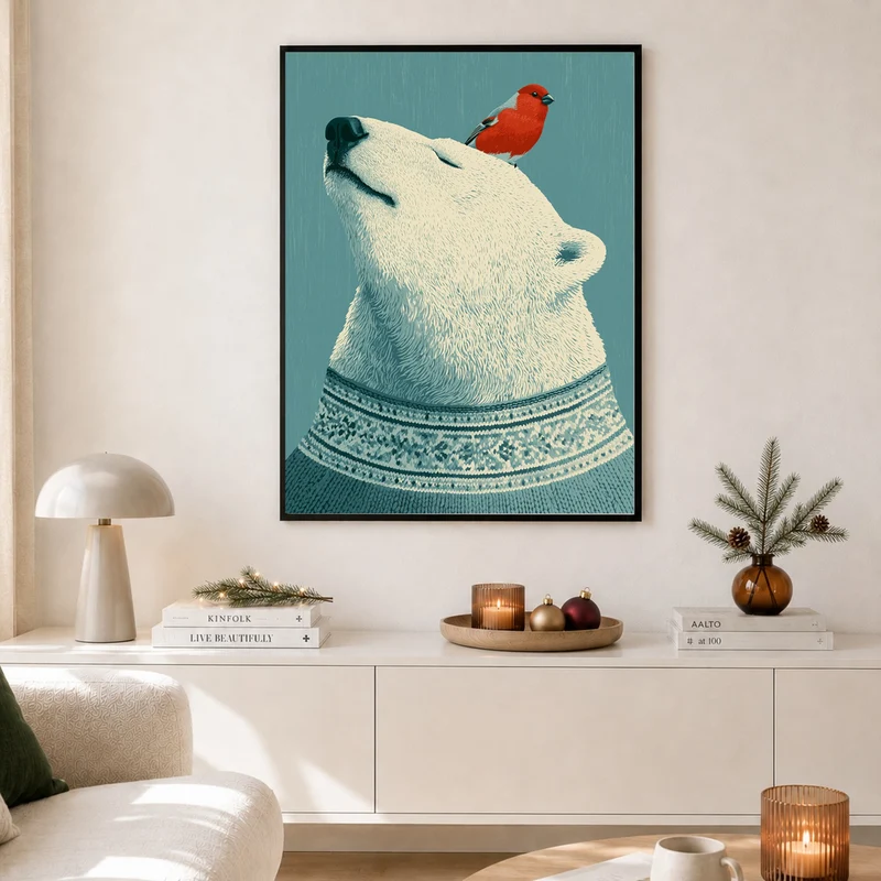 Eisbär mit rotem Vogel Poster