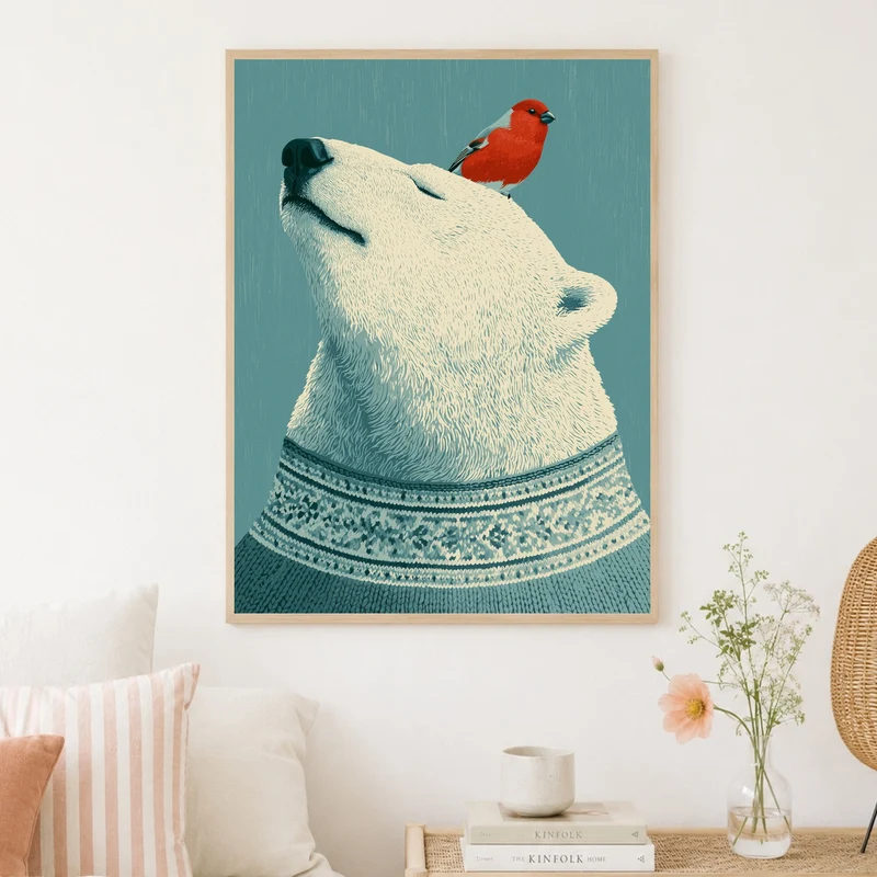 Eisbär mit rotem Vogel Poster