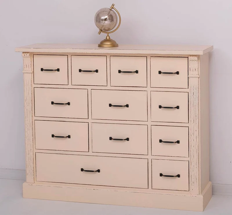 Apothekerschrank aus Massivholz mit 12 Schubladen und Ornamenten
