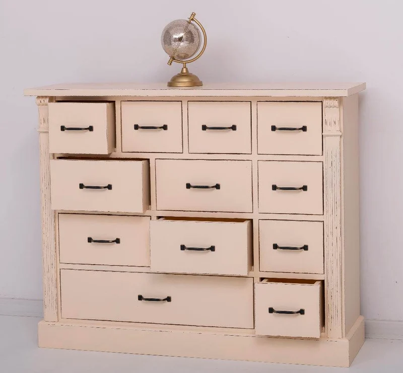 Apothekerschrank aus Massivholz mit 12 Schubladen und Ornamenten