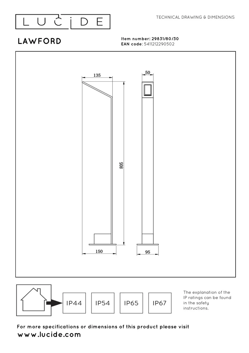 Wegeleuchte Lawford IP54 80,5cm hoch