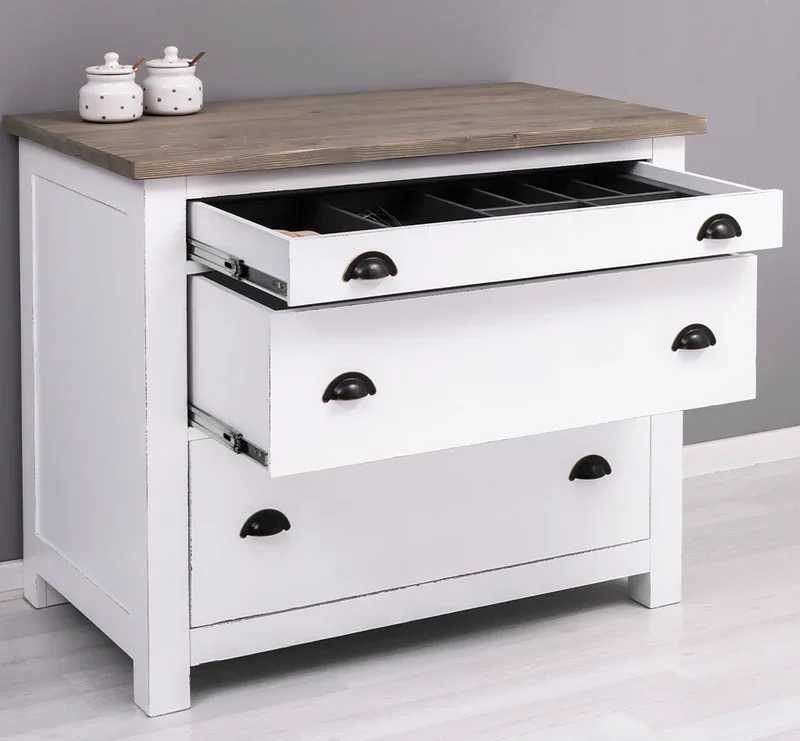 Küchenmodul aus Massivholz | mit 3 Schubladen - Schrank und Besteckorganizer