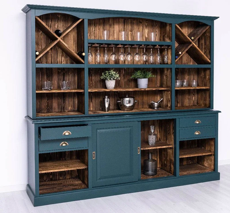 Großer Buffetschrank aus Massivholz | Wohnzimmerschrank mit Glashaltern und Weinfächern