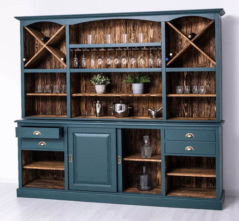 Großer Buffetschrank aus Massivholz | Wohnzimmerschrank mit Glashaltern und Weinfächern