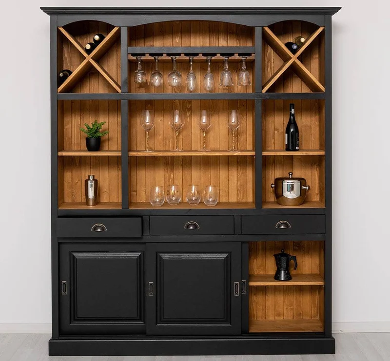 Großer Buffet- und Weinschrank aus Massivholz | Wohnzimmerschrank mit Glashalter und Flaschenablagen
