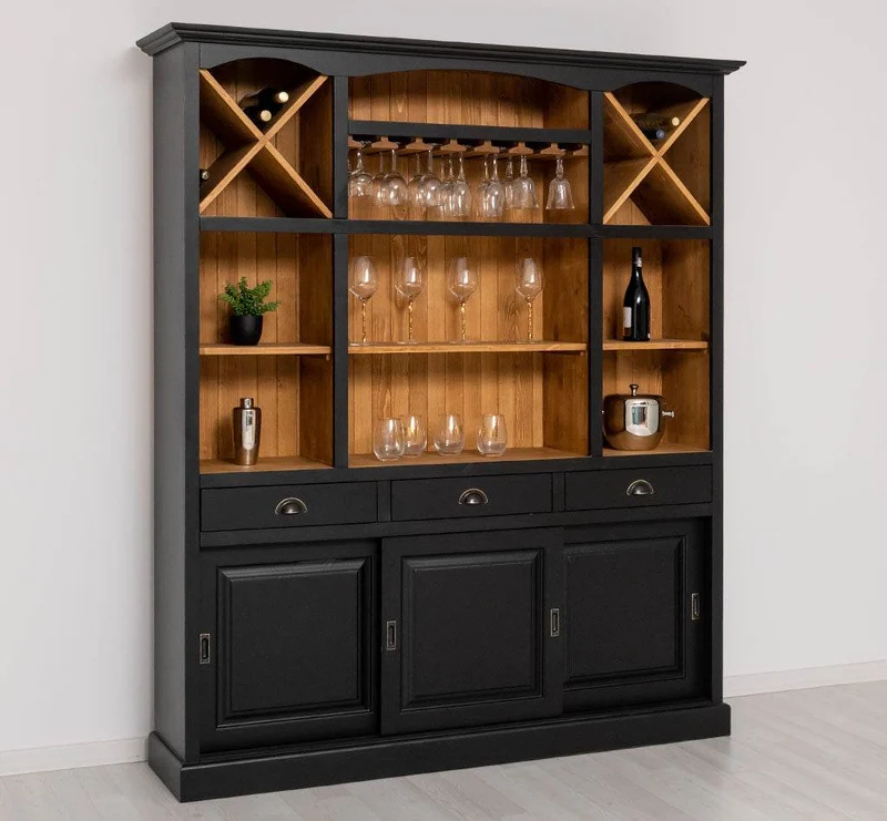 Großer Buffet- und Weinschrank aus Massivholz | Wohnzimmerschrank mit Glashalter und Flaschenablagen