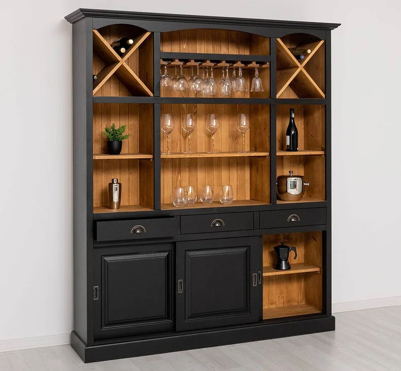 Großer Buffet- und Weinschrank aus Massivholz | Wohnzimmerschrank mit Glashalter und Flaschenablagen