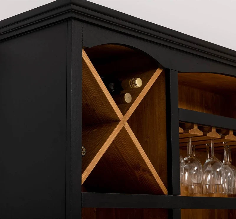 Großer Buffet- und Weinschrank aus Massivholz | Wohnzimmerschrank mit Glashalter und Flaschenablagen