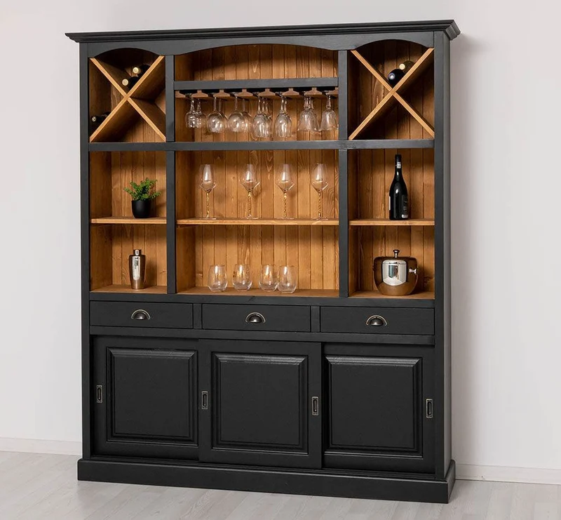 Großer Buffet- und Weinschrank aus Massivholz | Wohnzimmerschrank mit Glashalter und Flaschenablagen