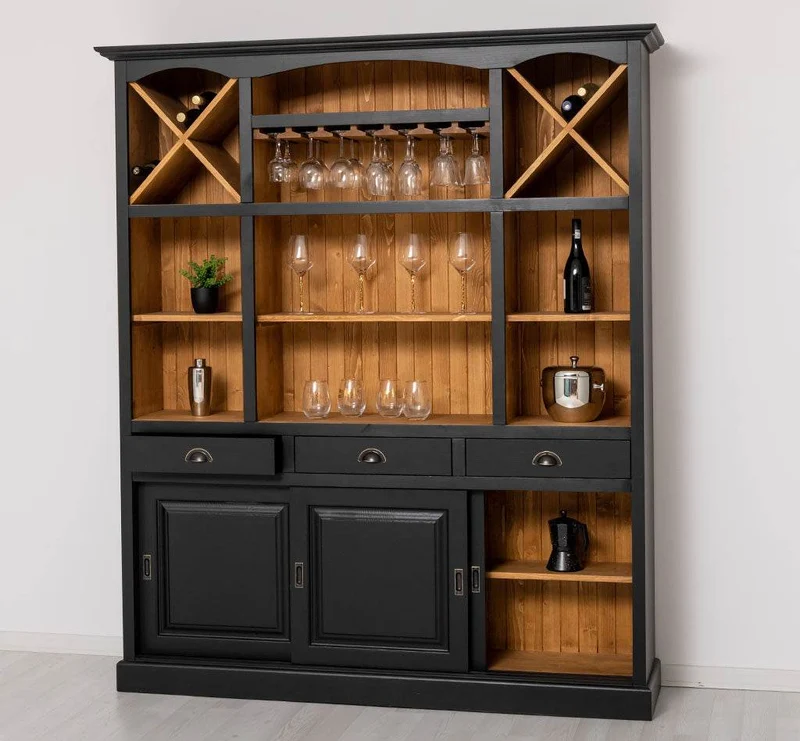 Großer Buffet- und Weinschrank aus Massivholz | Wohnzimmerschrank mit Glashalter und Flaschenablagen