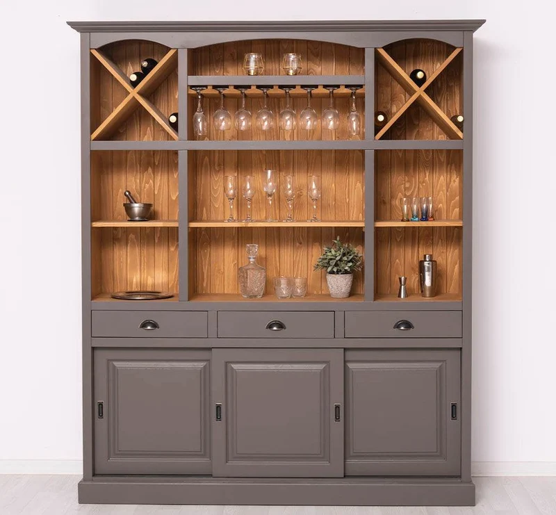 Großer Buffet- und Weinschrank aus Massivholz | Wohnzimmerschrank mit Glashalter und Flaschenablagen