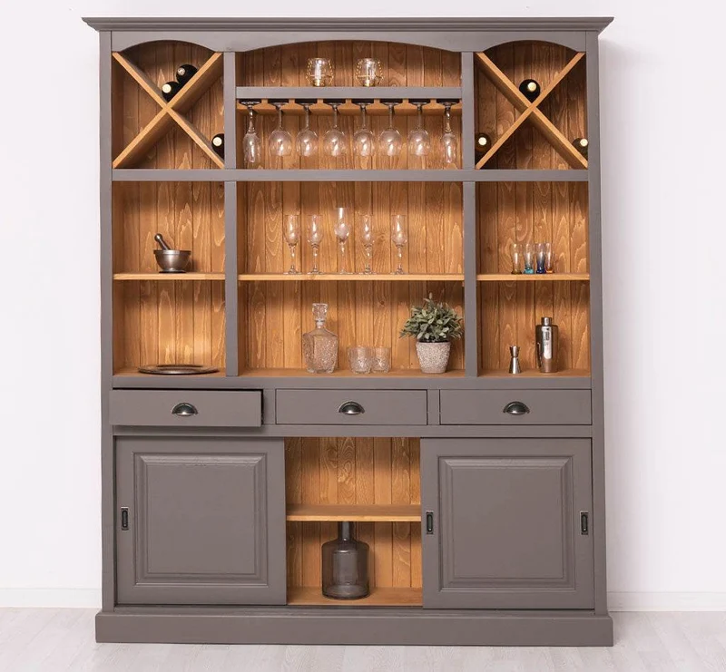 Großer Buffet- und Weinschrank aus Massivholz | Wohnzimmerschrank mit Glashalter und Flaschenablagen
