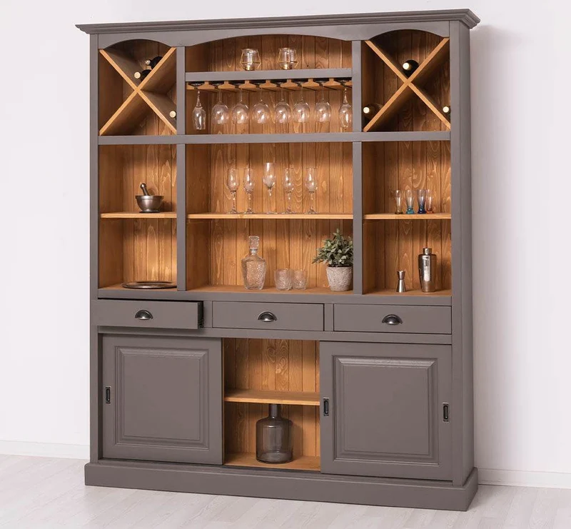 Großer Buffet- und Weinschrank aus Massivholz | Wohnzimmerschrank mit Glashalter und Flaschenablagen