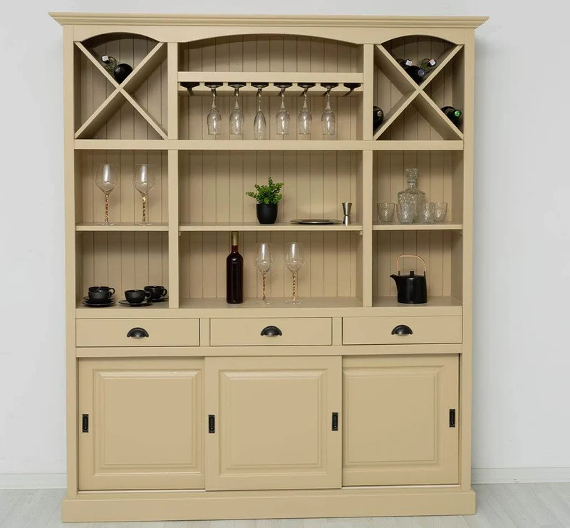 Großer Buffet- und Weinschrank aus Massivholz | Wohnzimmerschrank mit Glashalter und Flaschenablagen