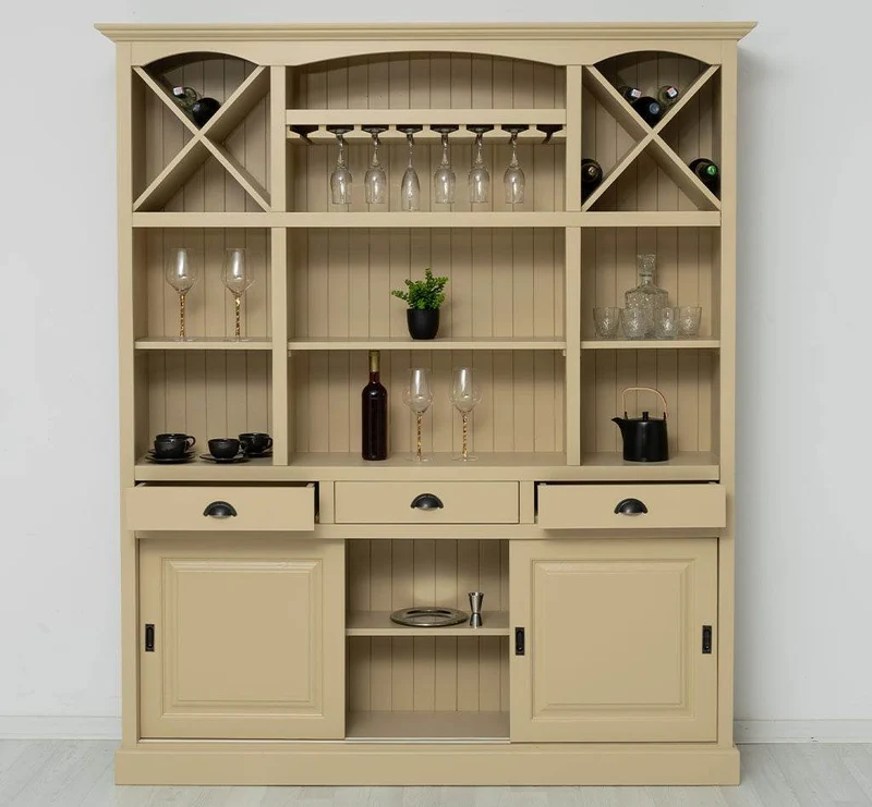Großer Buffet- und Weinschrank aus Massivholz | Wohnzimmerschrank mit Glashalter und Flaschenablagen
