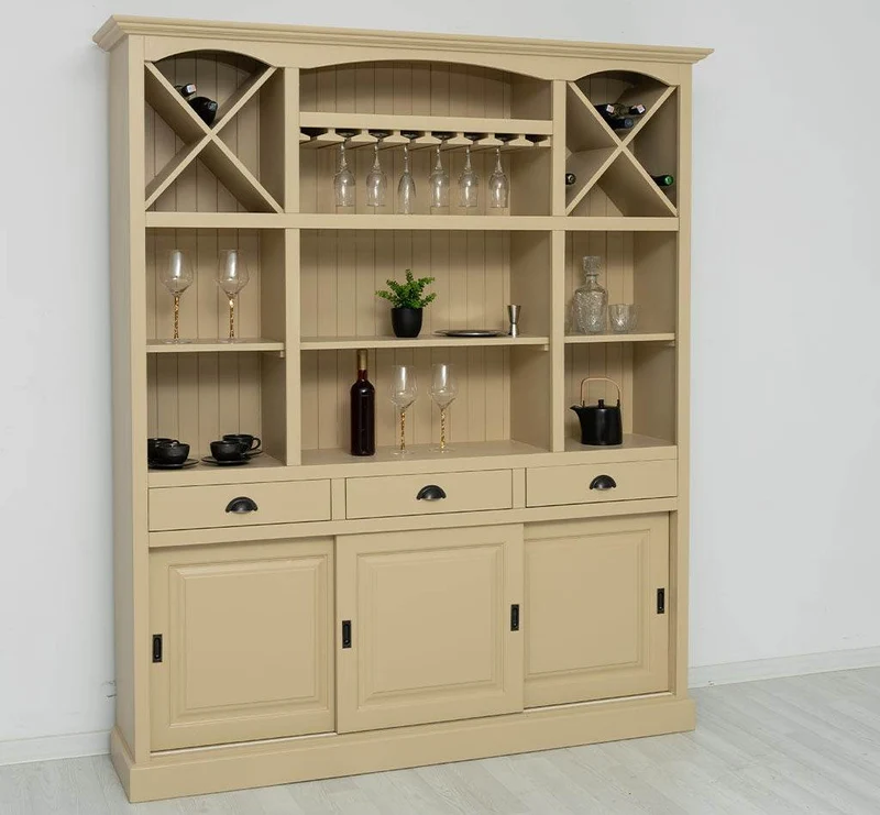Großer Buffet- und Weinschrank aus Massivholz | Wohnzimmerschrank mit Glashalter und Flaschenablagen
