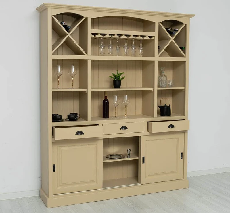 Großer Buffet- und Weinschrank aus Massivholz | Wohnzimmerschrank mit Glashalter und Flaschenablagen