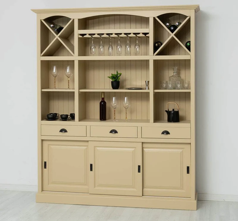 Großer Buffet- und Weinschrank aus Massivholz | Wohnzimmerschrank mit Glashalter und Flaschenablagen