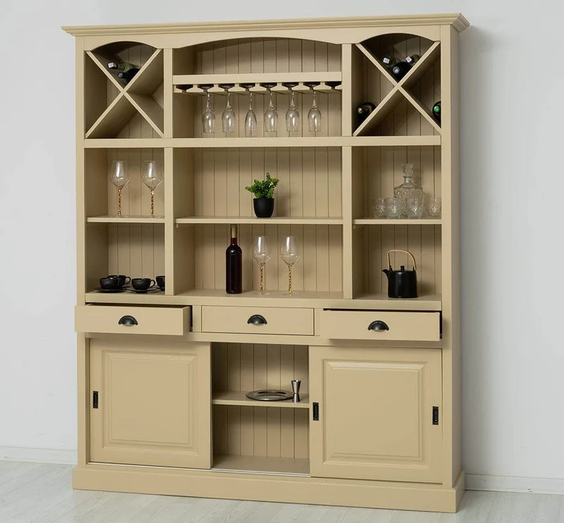 Großer Buffet- und Weinschrank aus Massivholz | Wohnzimmerschrank mit Glashalter und Flaschenablagen