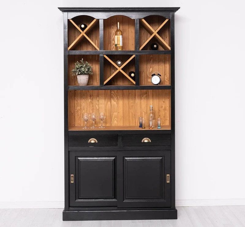 Buffet- und Weinschrank aus Massivholz mit Flaschenablagen