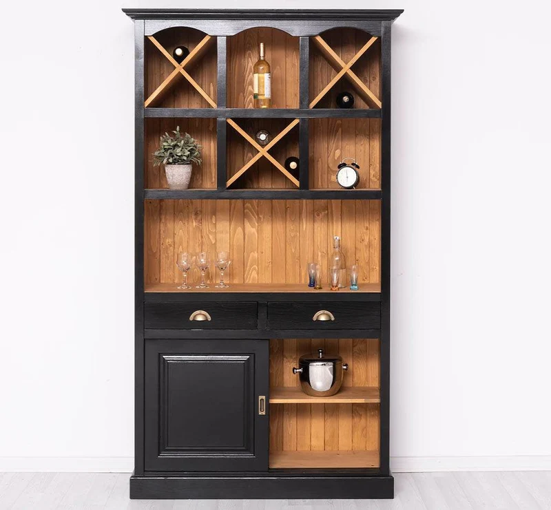 Buffet- und Weinschrank aus Massivholz mit Flaschenablagen