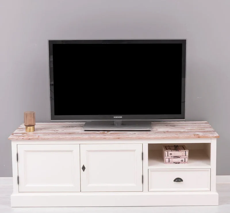 Zweitüriges TV-Board aus Massivholz mit Schublade