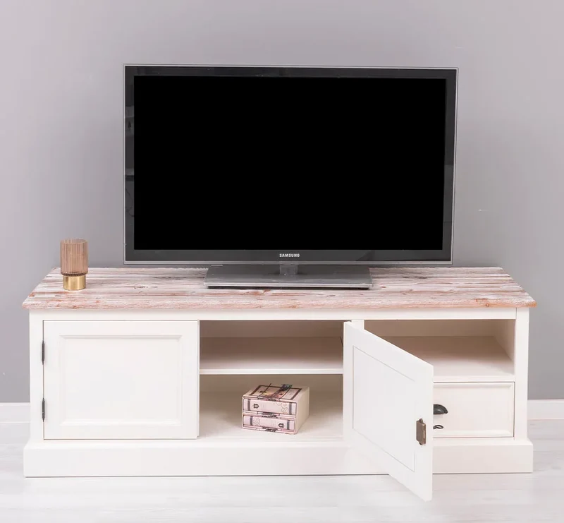 Zweitüriges TV-Board aus Massivholz mit Schublade