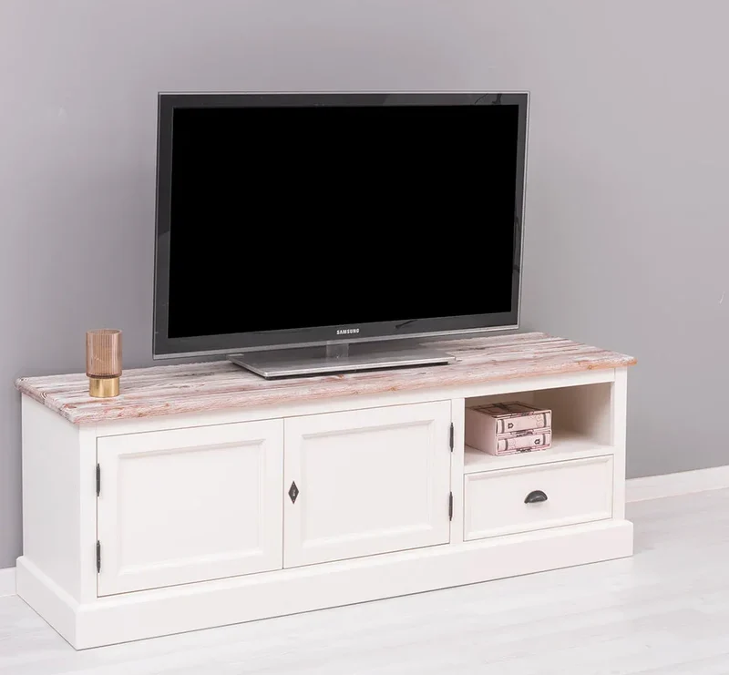 Zweitüriges TV-Board aus Massivholz mit Schublade