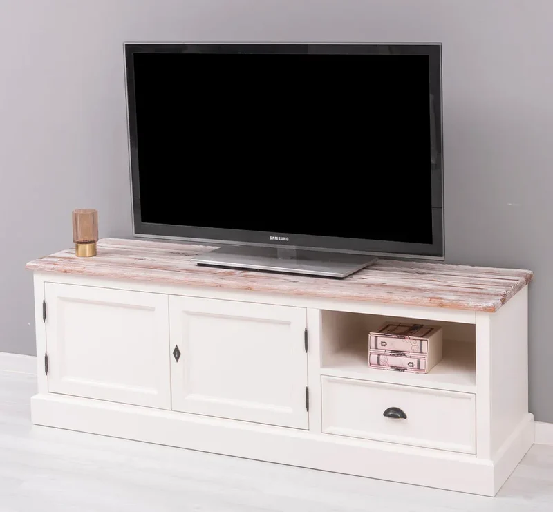 Zweitüriges TV-Board aus Massivholz mit Schublade