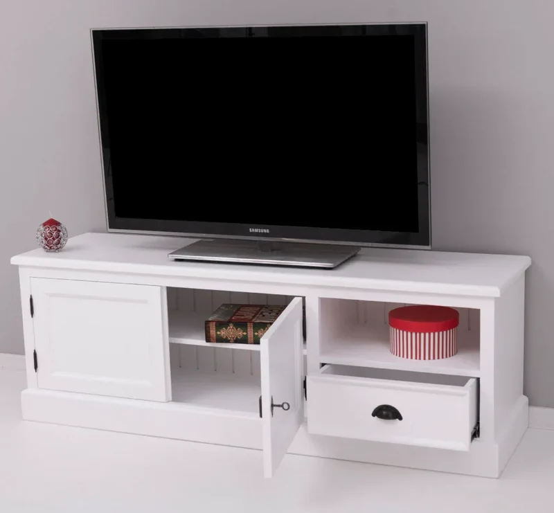 Zweitüriges TV-Board aus Massivholz mit Schublade
