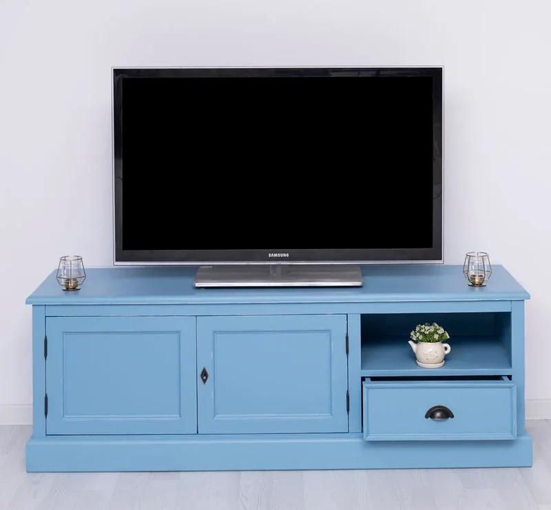 Zweitüriges TV-Board aus Massivholz mit Schublade
