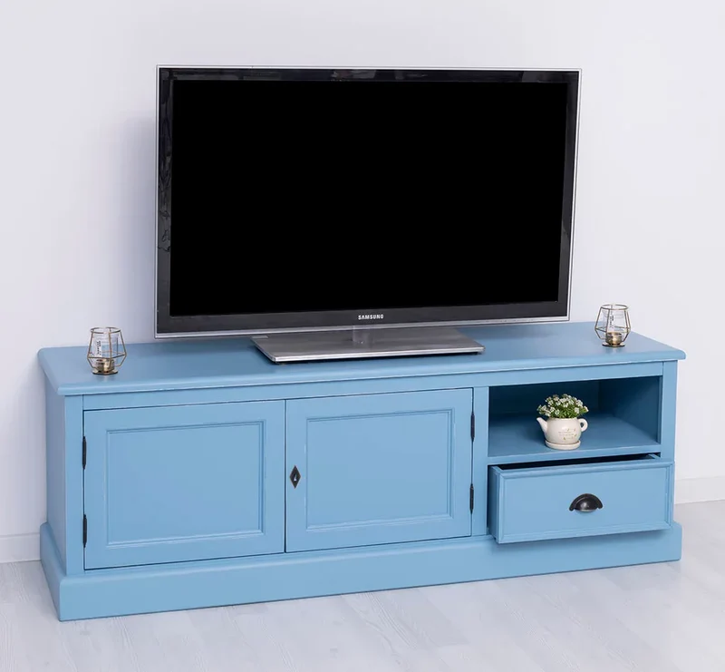 Zweitüriges TV-Board aus Massivholz mit Schublade