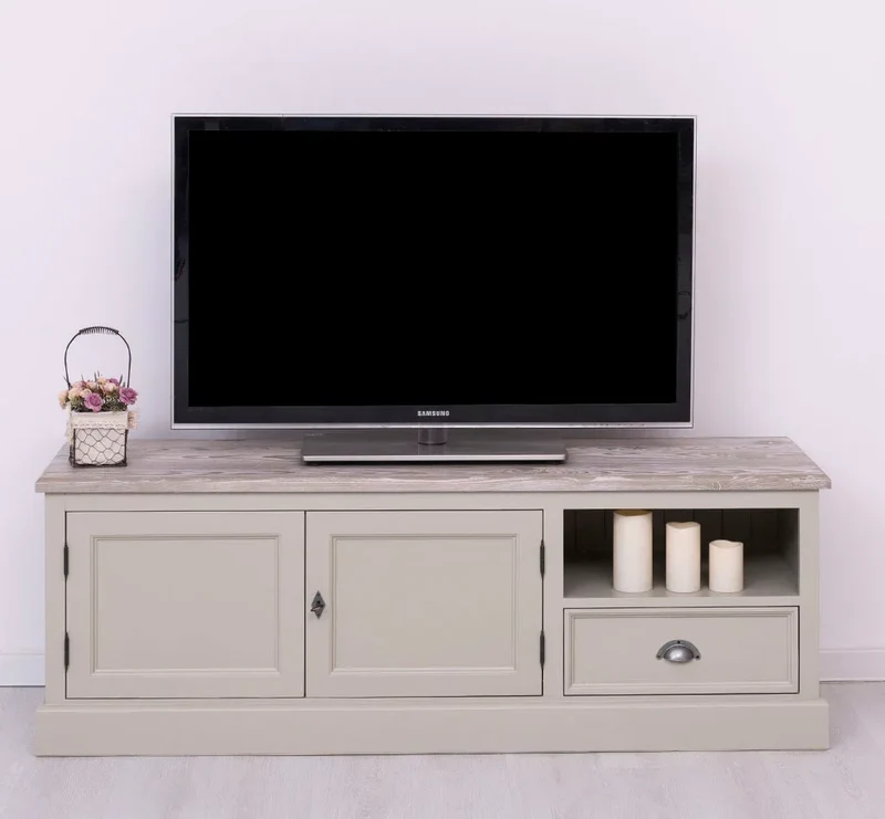 Zweitüriges TV-Board aus Massivholz mit Schublade