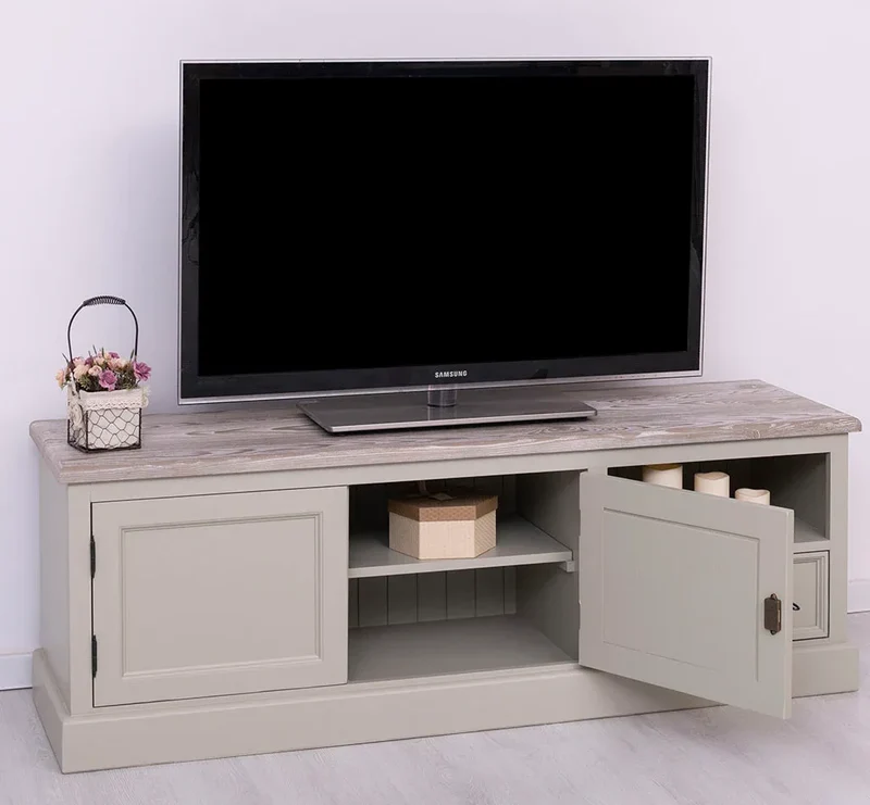 Zweitüriges TV-Board aus Massivholz mit Schublade