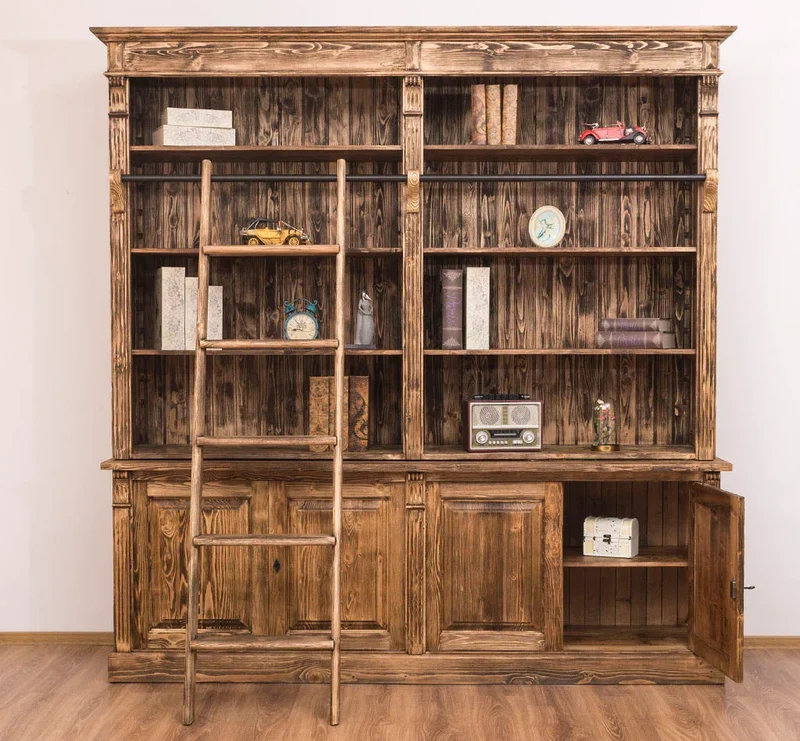 Vintage Bücherregal aus Massivholz | Bibliothek mit 4 Türen